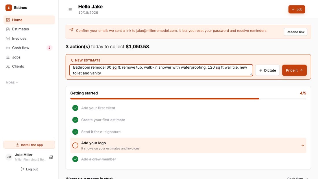 An estimate priced in Estineo, and the same estimate signed on the client's phone (sample data)