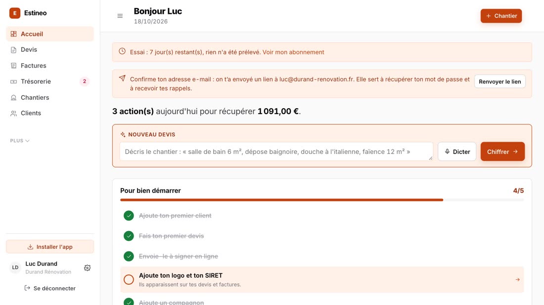 Ton tableau de bord : quoi faire aujourd'hui, et où dort ton argent.